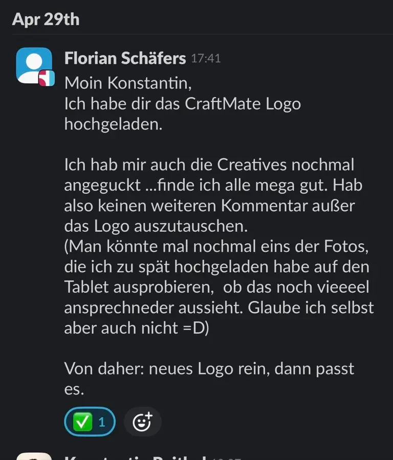 Slack: Florian Schäfers, „Die Creatives finde ich alle mega gut“