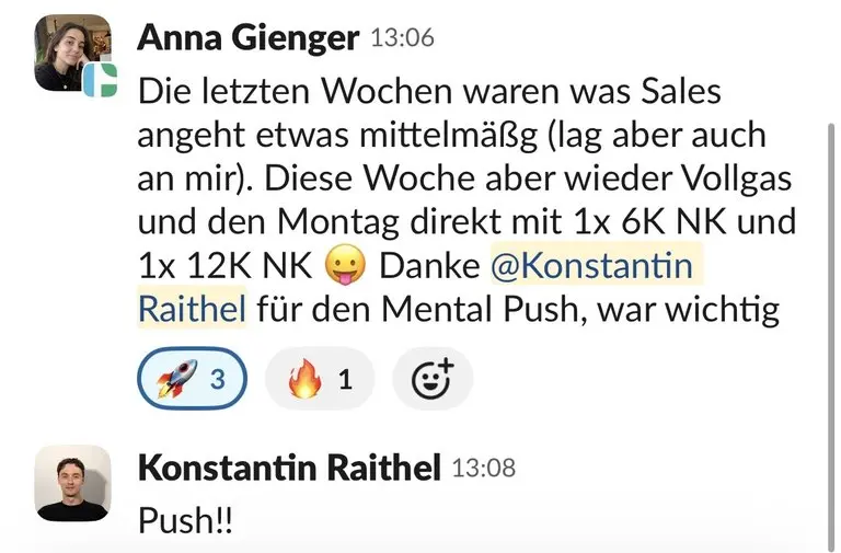 Slack: Anna Gienger, „1x 6K NK und 1x 12K NK, danke für den Mental Push“