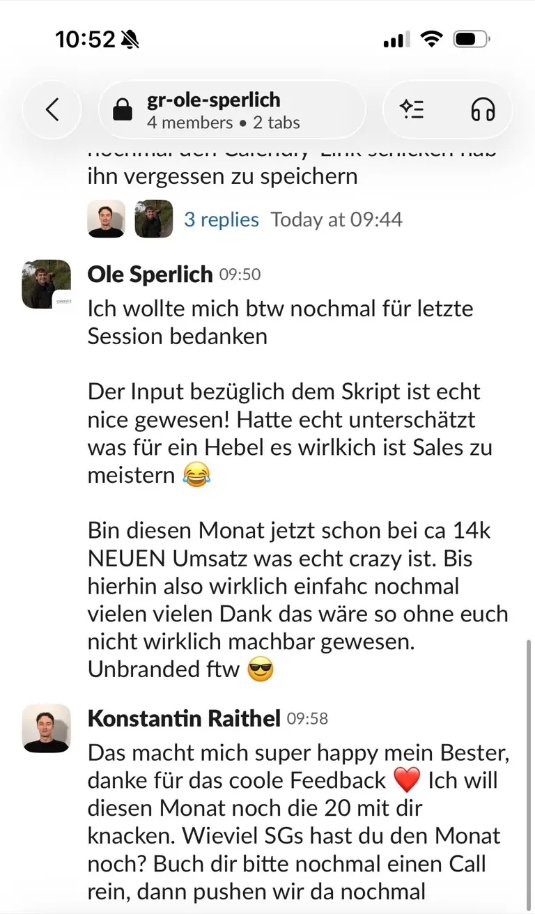 Slack: Ole Sperlich, „Schon ca. 14K neuer Umsatz diesen Monat. Unbranded ftw“