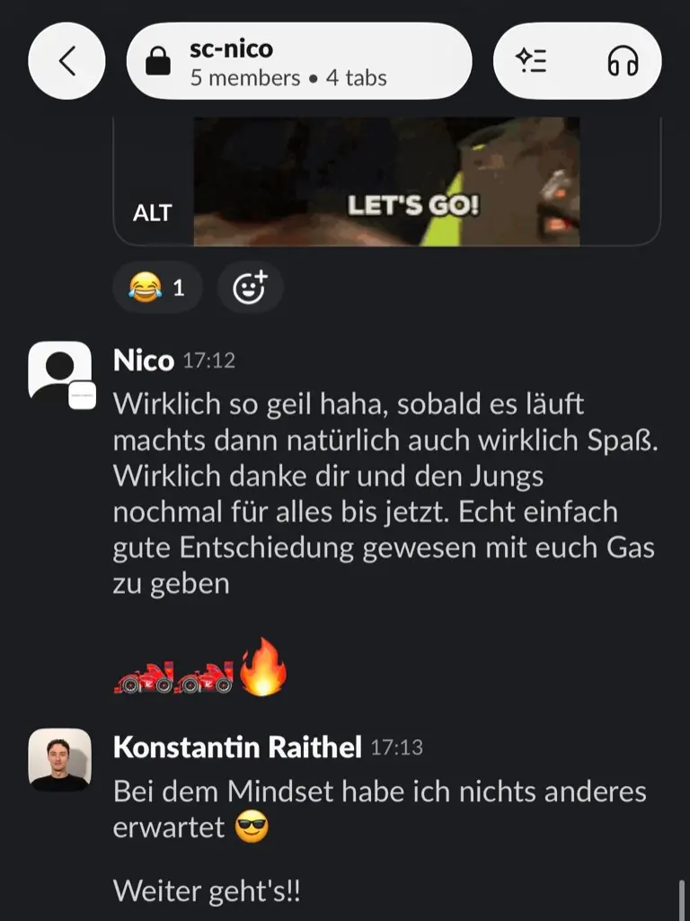 Slack: Nico, „Echt einfach gute Entscheidung gewesen, mit euch Gas zu geben“