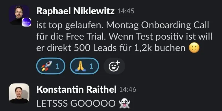 Slack: Raphael Niklewitz, „Will direkt 500 Leads für 1,2k buchen“